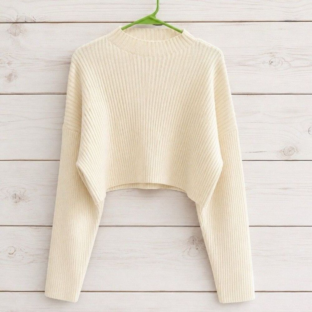 MABLE Womens M Cream Ribbed Knit Cropped Sweater Mock Neck Long Sleeve
